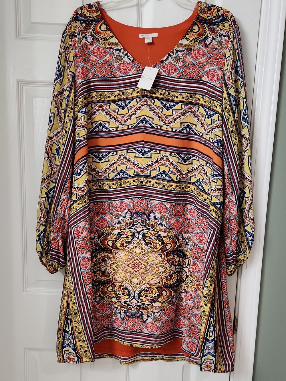 Cato Long-Sleeve Printed Tunic Dress in Orange, Yellow and Navy